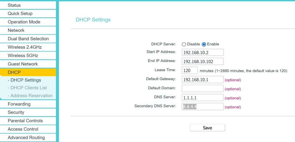 192.168.10.1 DHCP settings