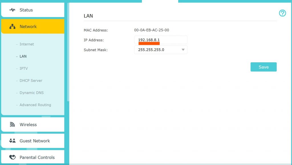 Set default router IP address to 192.168.8.1