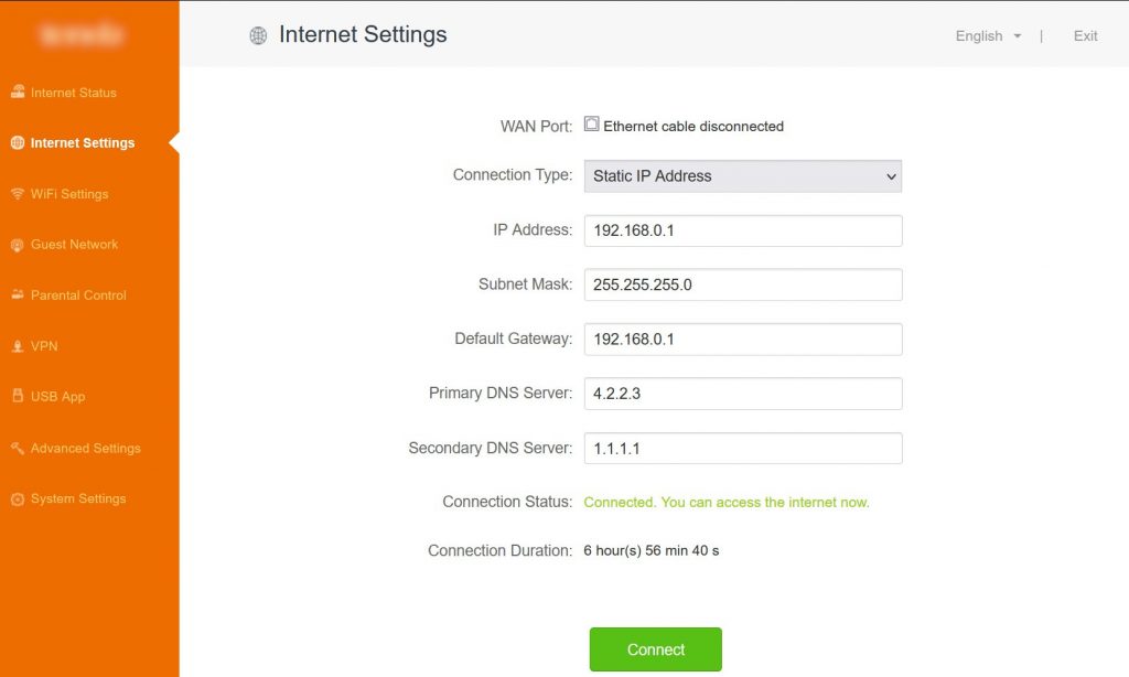 router admin setting for 192.168.o.1 IP address