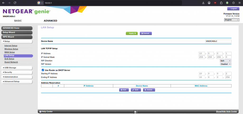 10.0.0.1 Router LAN IP configuration