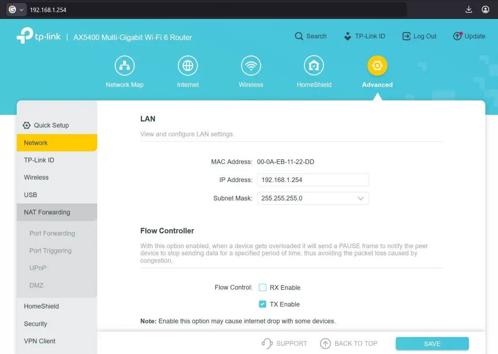 192.168.1.254 router LAN IP address settings