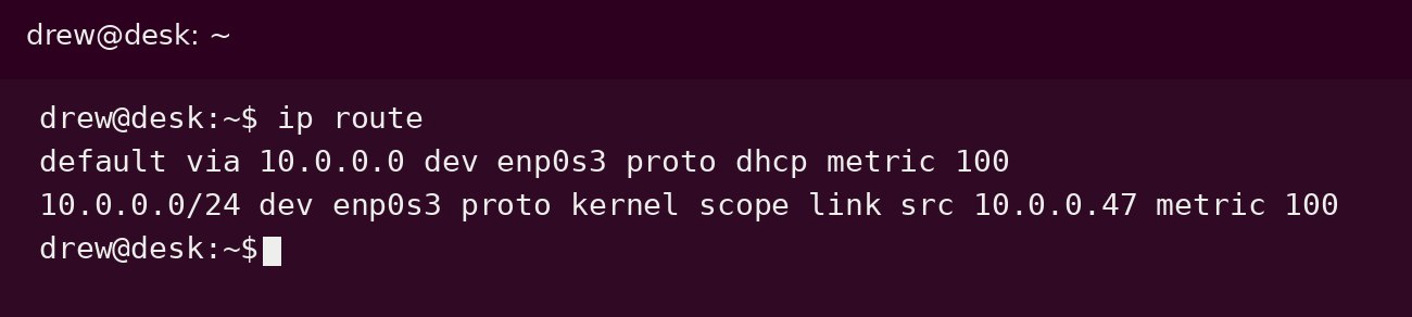 ip route in a Linux terminal: this computer is 10.0.0.47, subnet mask 255.255.255.0, default gateway and DNS 10.0.0.0