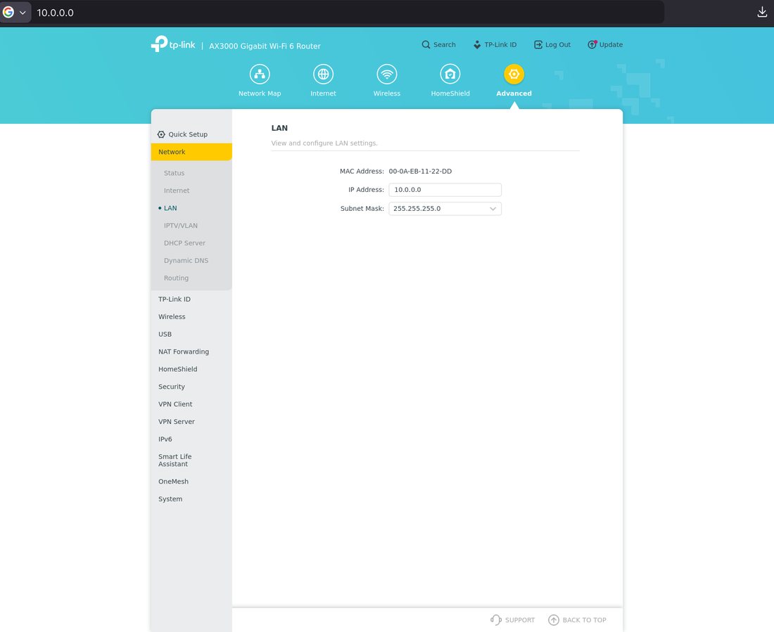 TP-Link LAN settings at 10.0.0.0, with that address in the browser bar and the LAN IP field