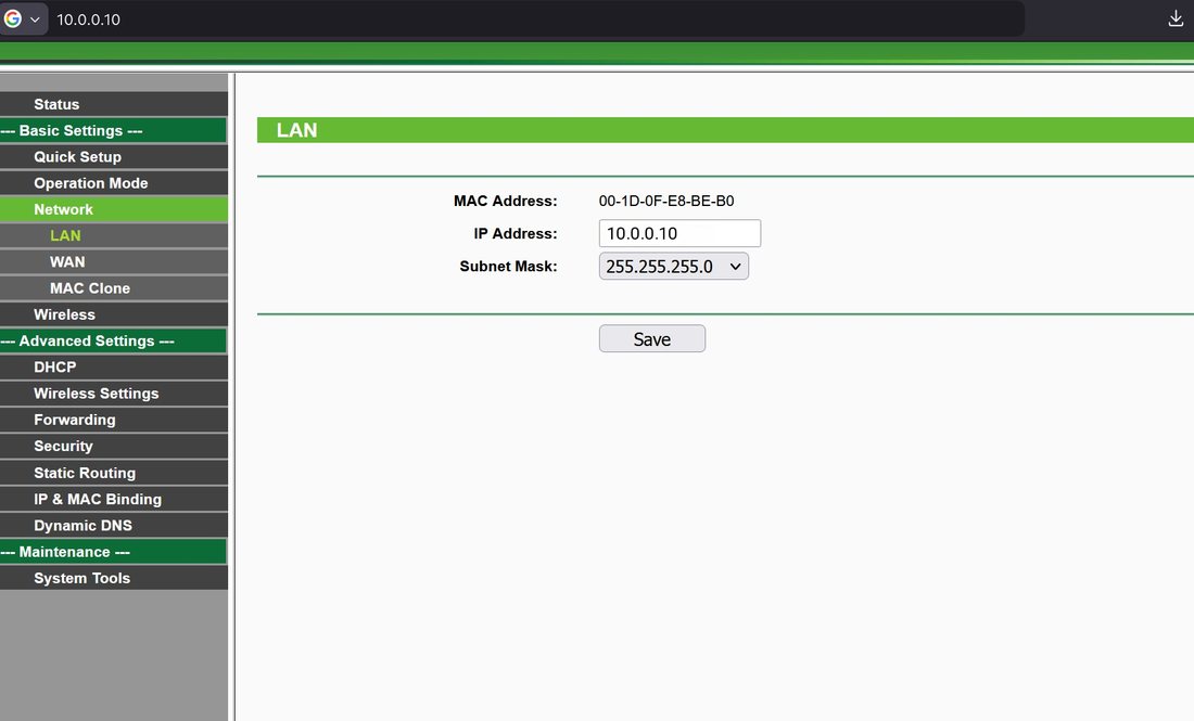 TP-Link LAN IP settings at 10.0.0.10, with that address in the browser bar and the IP address field