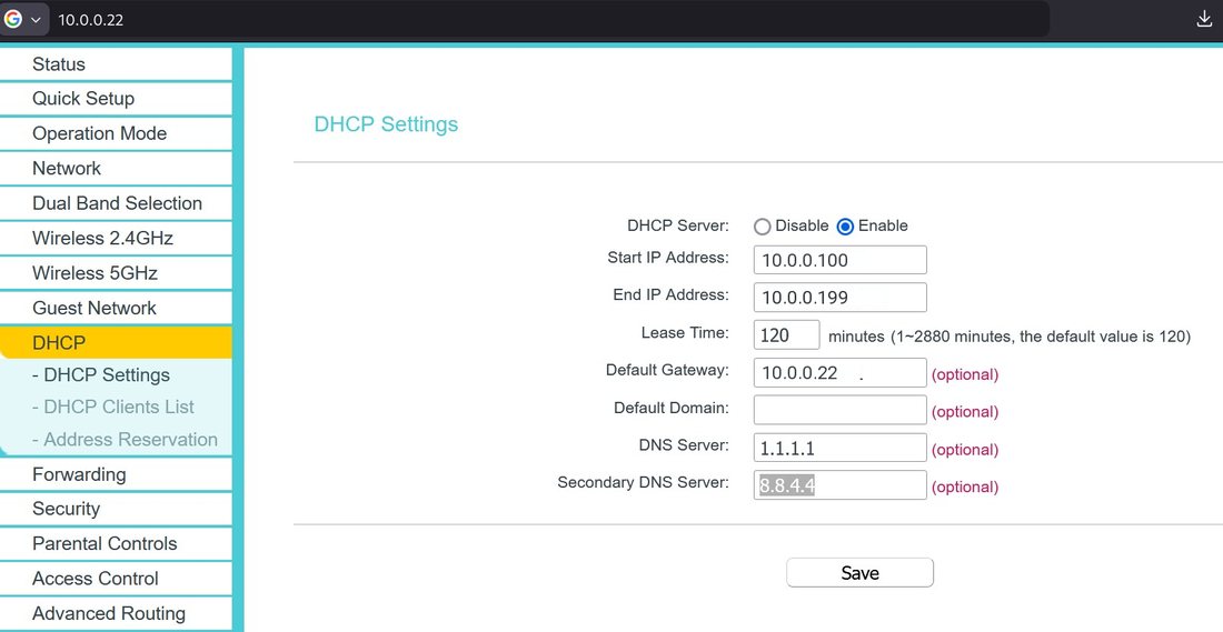 TP-Link DHCP settings at 10.0.0.22, with that address in the browser bar, the gateway, and a DHCP pool in the same subnet