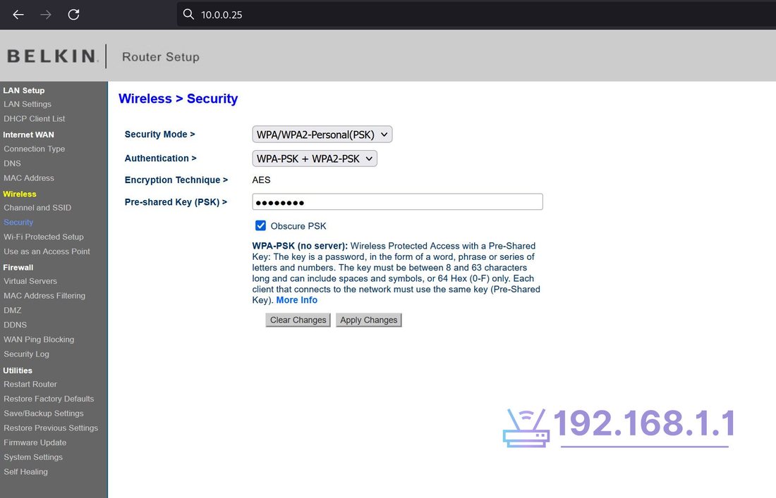 Belkin wireless security at 10.0.0.25, with that address in the browser bar