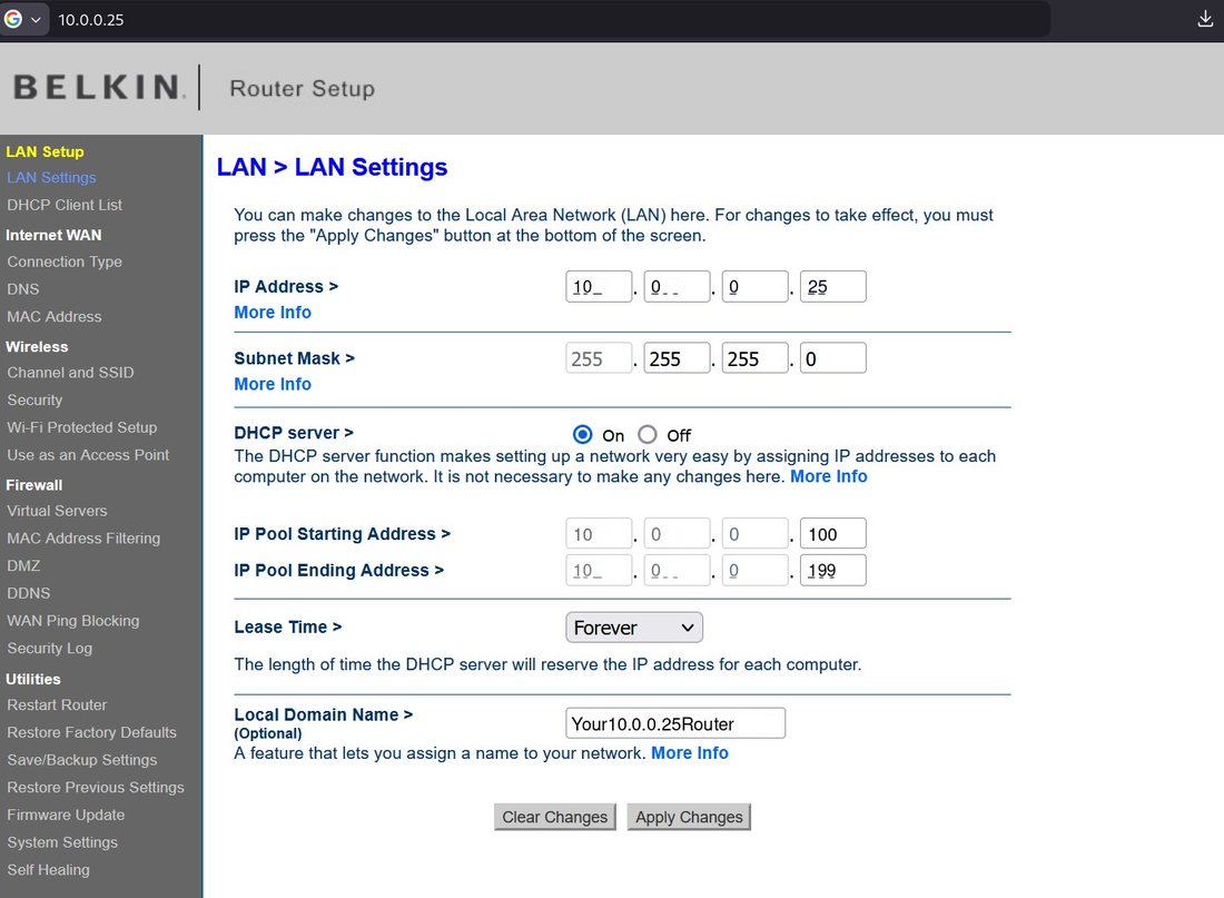 Belkin LAN settings at 10.0.0.25, with that address in the browser bar, the LAN address, a DHCP pool in the same subnet, and the network name