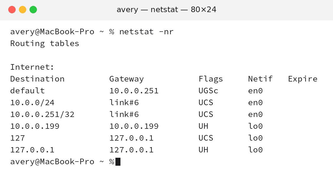netstat -nr in Terminal on a Mac: this computer is 10.0.0.199, subnet mask 255.255.255.0, default gateway and DNS 10.0.0.251