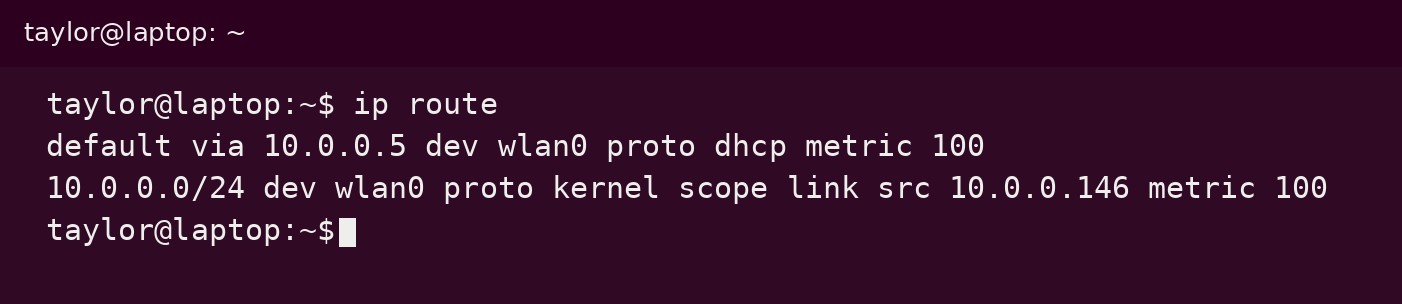 ip route in a Linux terminal: this computer is 10.0.0.146, subnet mask 255.255.255.0, default gateway and DNS 10.0.0.5