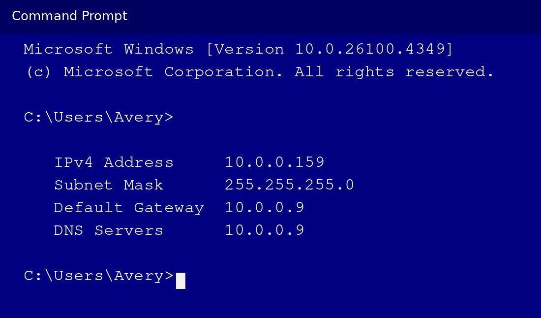 cmd after Command Prompt opens: this computer is 10.0.0.159, subnet mask 255.255.255.0, default gateway and DNS 10.0.0.9