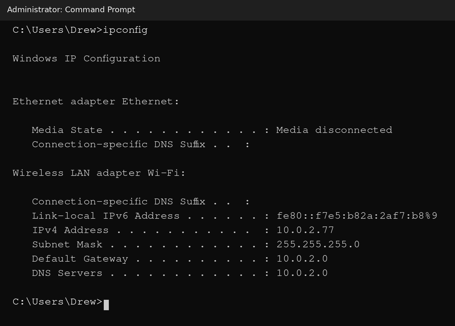 ipconfig in Command Prompt: this computer is 10.0.2.77, subnet mask 255.255.255.0, default gateway and DNS 10.0.2.0