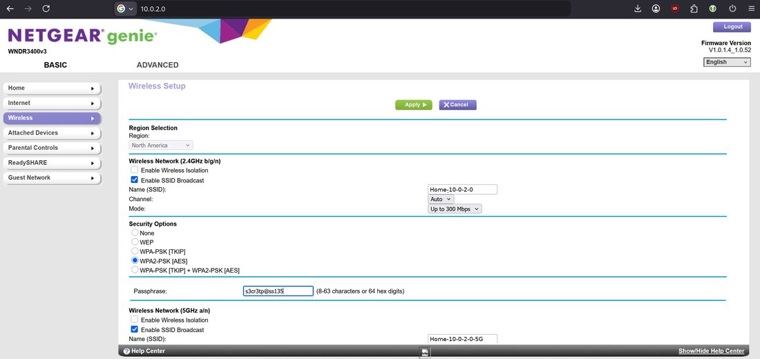 Netgear wireless settings at 10.0.2.0, with that address in the browser bar and the 2.4 GHz and 5 GHz names