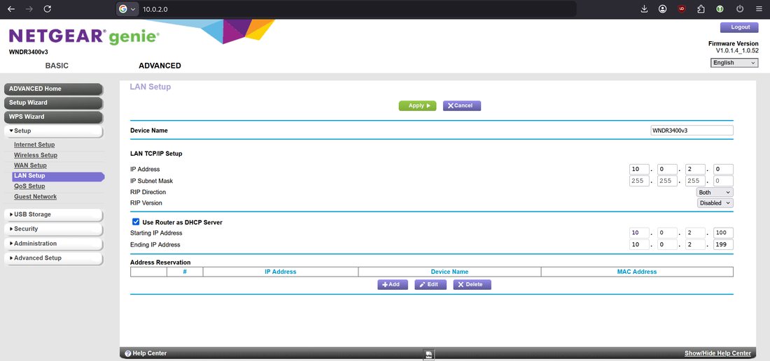 Netgear LAN setup at 10.0.2.0, with that address in the browser bar, the LAN address, and a DHCP pool in the same subnet
