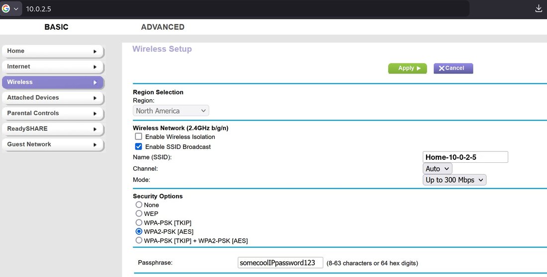Netgear SSID settings at 10.0.2.5, with that address in the browser bar and the Wi-Fi name
