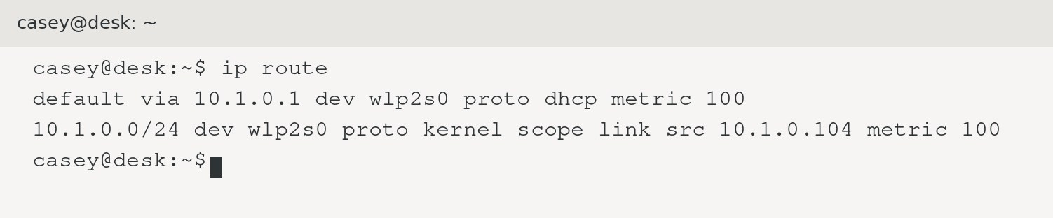 ip route in a Linux terminal: this computer is 10.1.0.104, subnet mask 255.255.255.0, default gateway and DNS 10.1.0.1