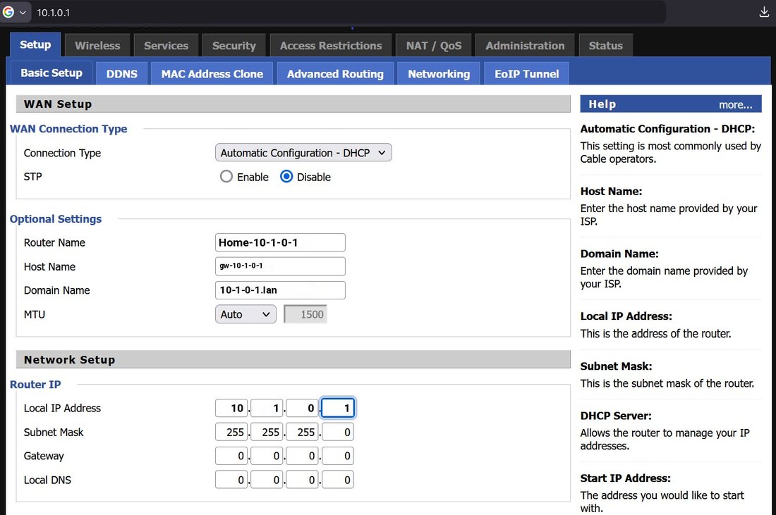Router basic setup at 10.1.0.1, with that address in the browser bar, the router name, and the LAN address