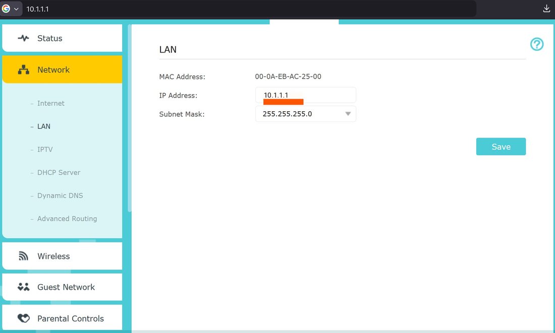 Huawei LAN status at 10.1.1.1, with that address in the browser bar and the IP address field