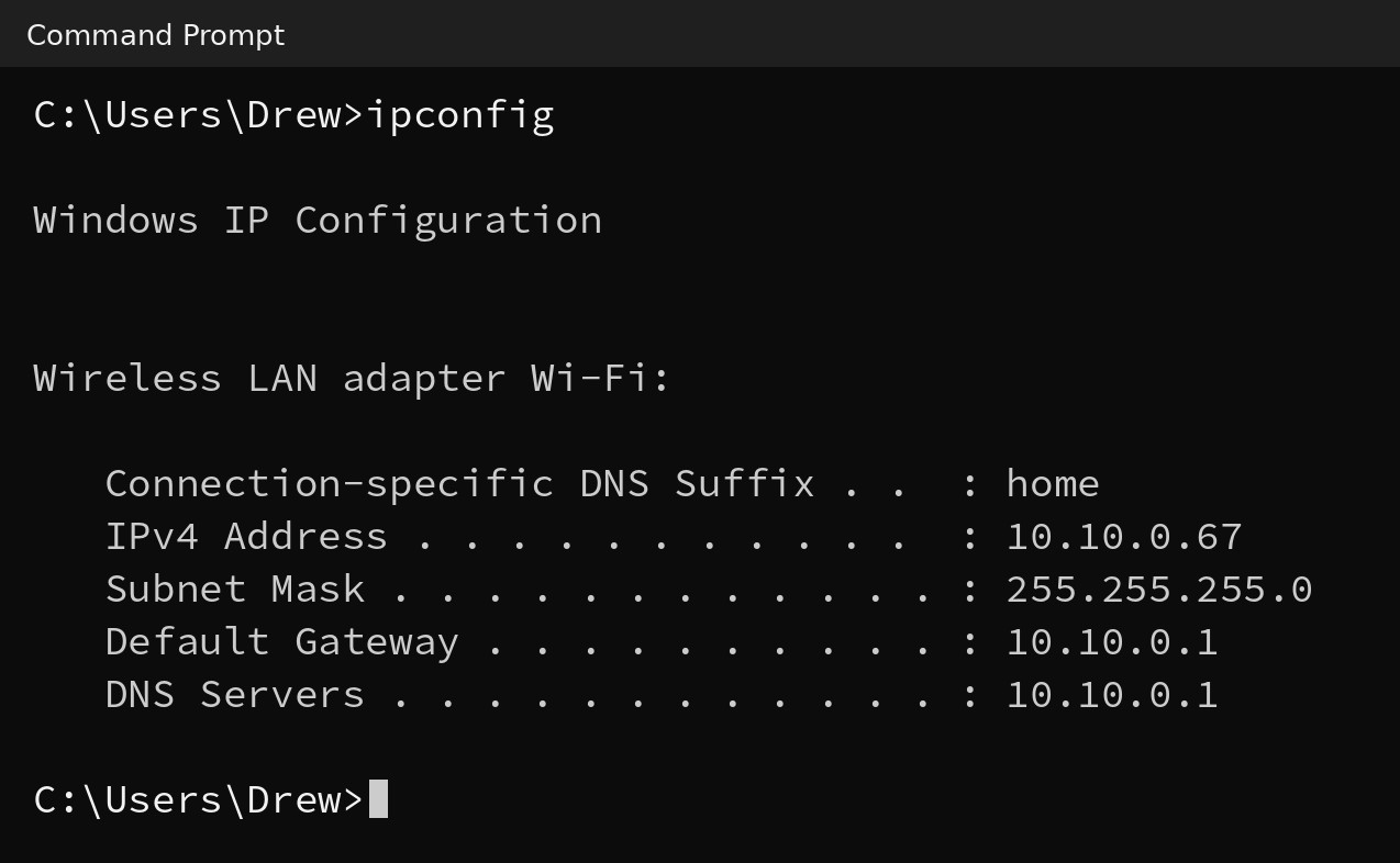 ipconfig in Command Prompt: this computer is 10.10.0.67, subnet mask 255.255.255.0, default gateway and DNS 10.10.0.1