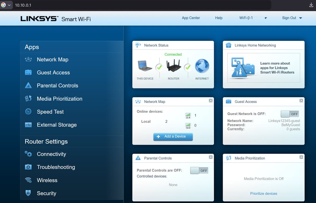 Linksys Smart Wi-Fi status at 10.10.0.1, with that address in the browser bar and the Wi-Fi name