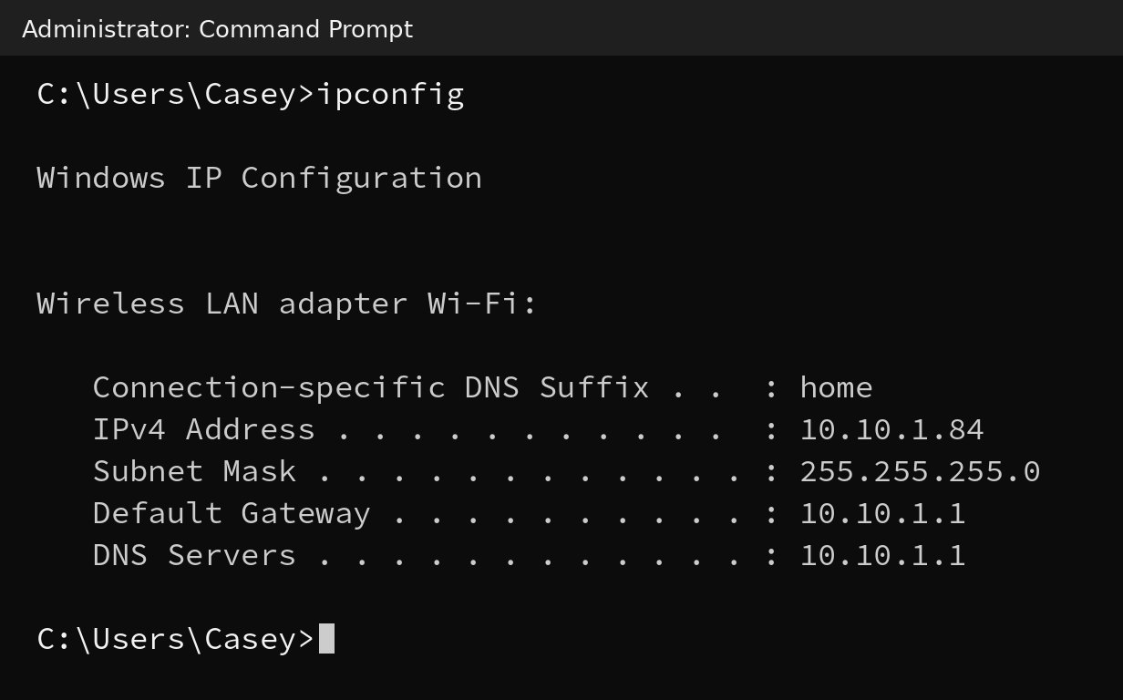 ipconfig in Command Prompt: this computer is 10.10.1.84, subnet mask 255.255.255.0, default gateway and DNS 10.10.1.1