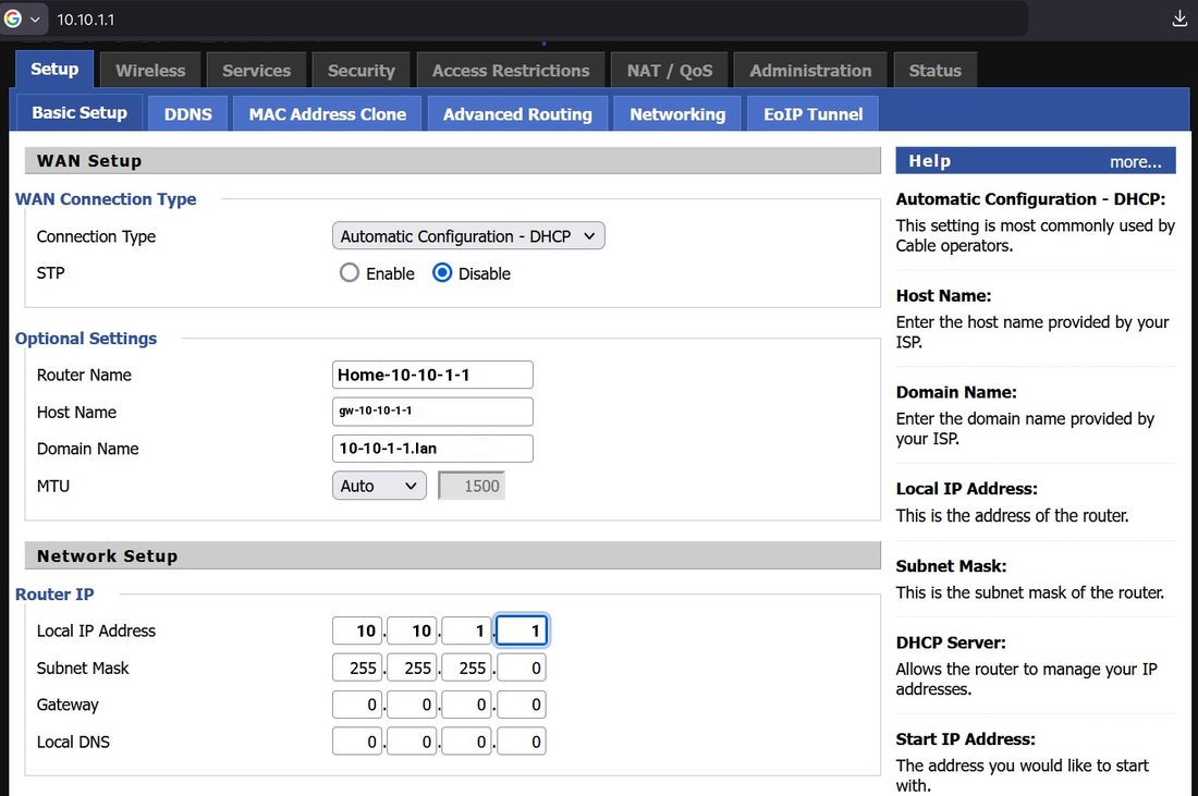 Router basic setup at 10.10.1.1, with that address in the browser bar, the router name, and the LAN address