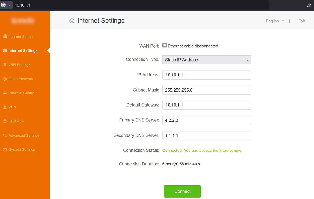 Internet settings at 10.10.1.1, with that address in the browser bar. The WAN address and gateway on this static-IP screen follow the page