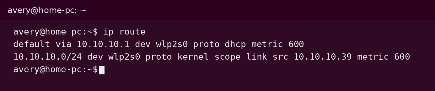 ip route in a Linux terminal: this computer is 10.10.10.39, subnet mask 255.255.255.0, default gateway and DNS 10.10.10.1