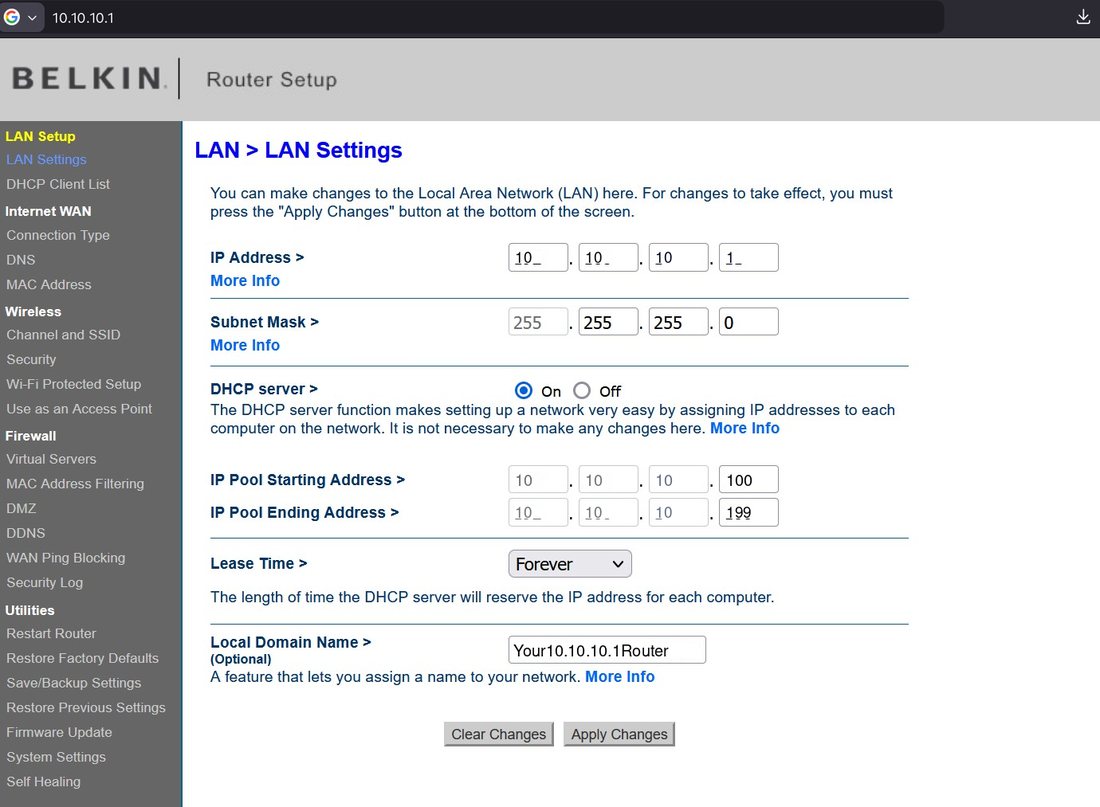 Belkin LAN settings at 10.10.10.1, with that address in the browser bar, the LAN address, a DHCP pool in the same subnet, and the network name