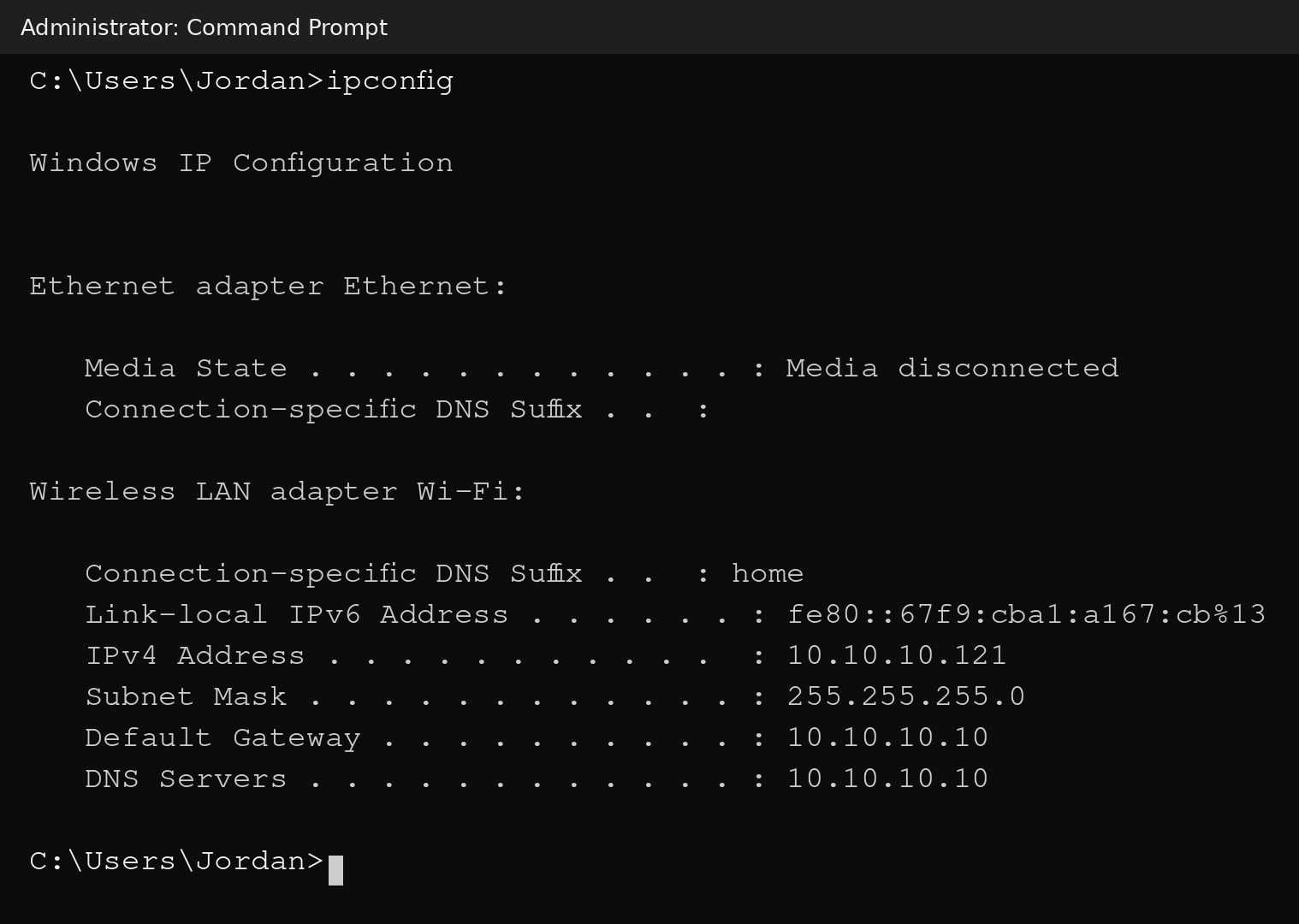 ipconfig in Command Prompt: this computer is 10.10.10.121, subnet mask 255.255.255.0, default gateway and DNS 10.10.10.10