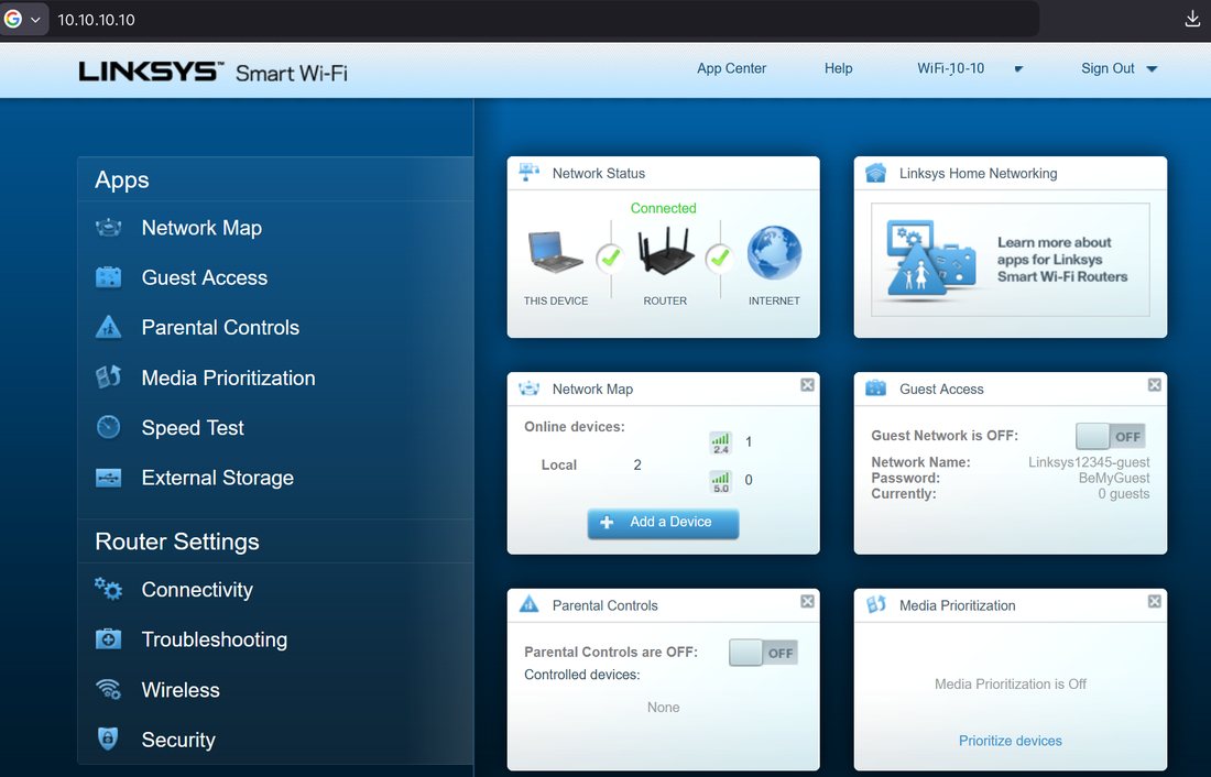 Linksys Smart Wi-Fi status at 10.10.10.10, with that address in the browser bar and the Wi-Fi name
