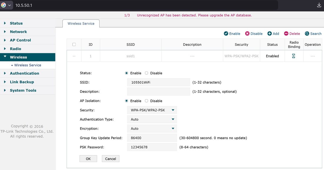 Access point wireless settings at 10.5.50.1, with that address in the browser bar and the SSID