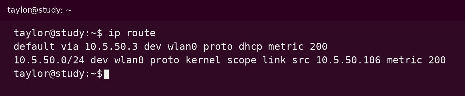 ip route in a Linux terminal: this computer is 10.5.50.106, subnet mask 255.255.255.0, default gateway and DNS 10.5.50.3