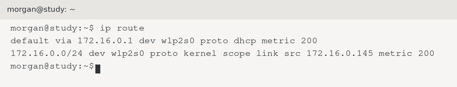 ip route in a Linux terminal: this computer is 172.16.0.145, subnet mask 255.255.255.0, default gateway and DNS 172.16.0.1