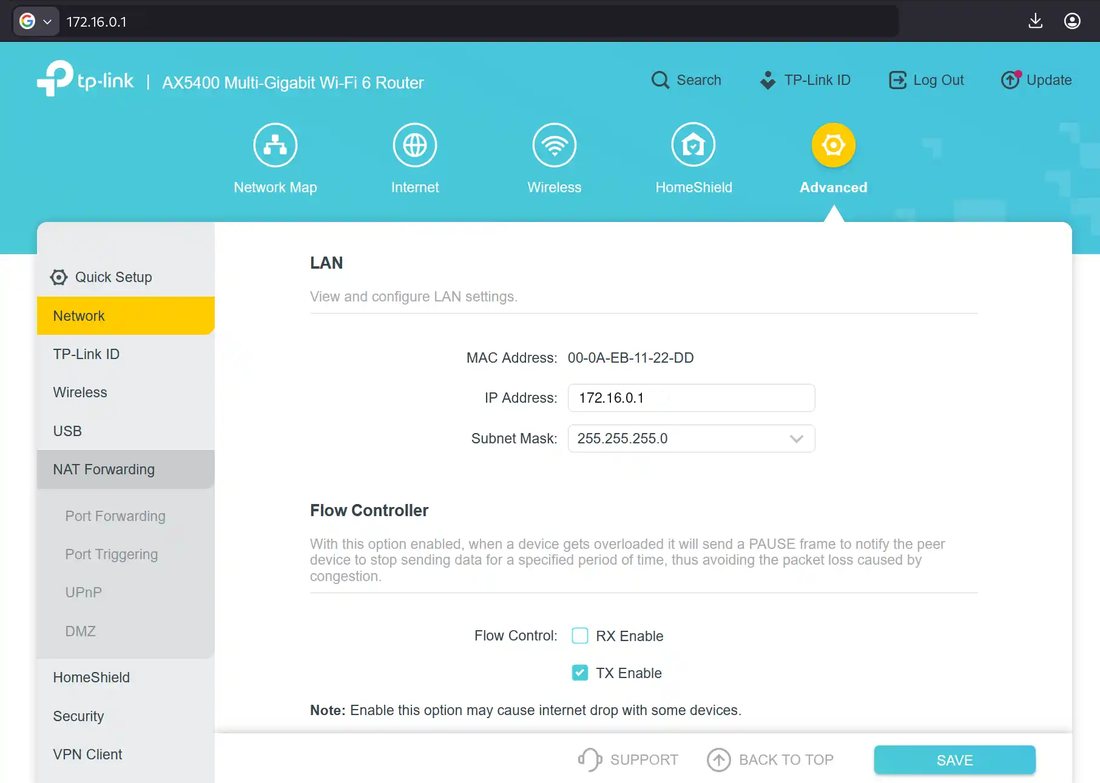 TP-Link LAN settings at 172.16.0.1, with that address in the browser bar and the IP address field