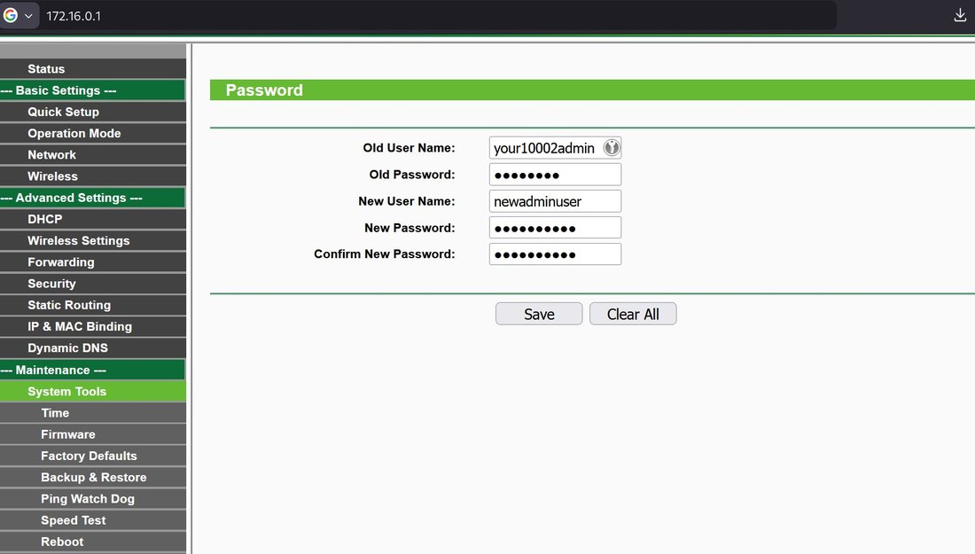 TP-Link admin password page at 172.16.0.1, with that address in the browser bar