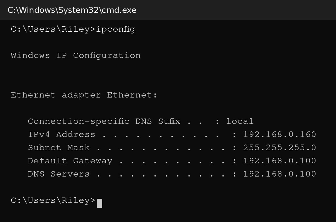 ipconfig in Command Prompt: this computer is 192.168.0.160, subnet mask 255.255.255.0, default gateway and DNS 192.168.0.100