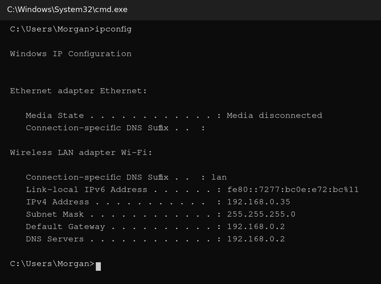 ipconfig in Command Prompt: this computer is 192.168.0.35, subnet mask 255.255.255.0, default gateway and DNS 192.168.0.2