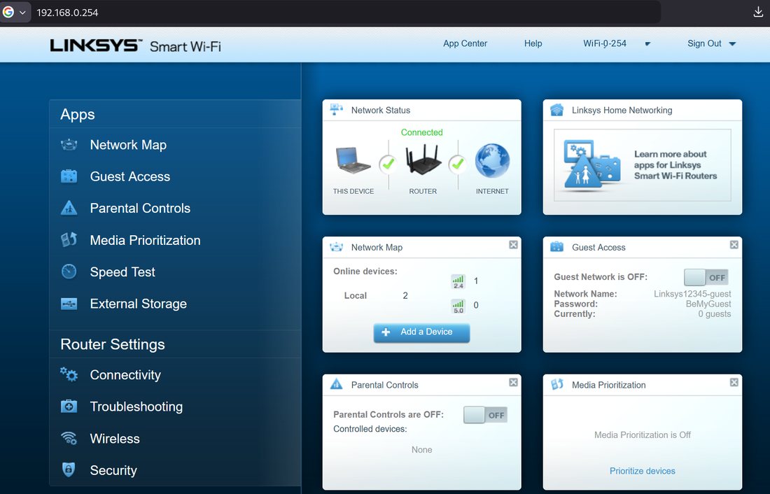 Linksys Smart Wi-Fi status at 192.168.0.254, with that address in the browser bar and the Wi-Fi name