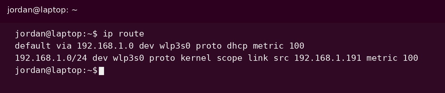ip route in a Linux terminal: this computer is 192.168.1.191, subnet mask 255.255.255.0, default gateway and DNS 192.168.1.0