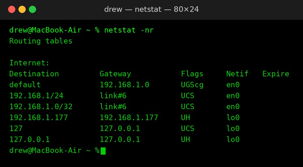 netstat -nr in Terminal on a Mac: this computer is 192.168.1.177, subnet mask 255.255.255.0, default gateway and DNS 192.168.1.0