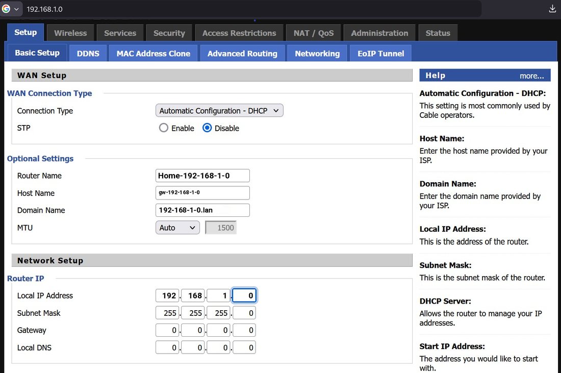 Router basic setup at 192.168.1.0, with that address in the browser bar, the router name, and the LAN address