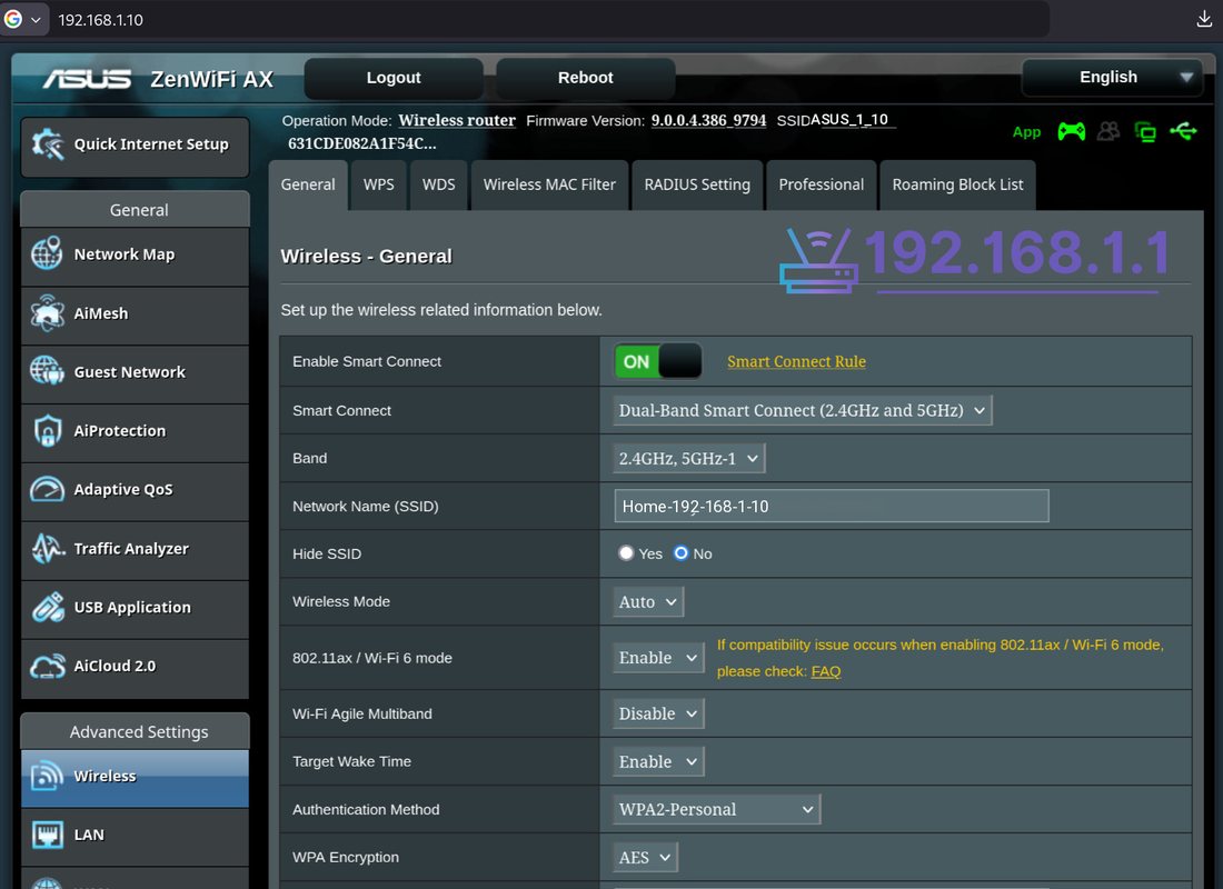 ASUS wireless settings at 192.168.1.10, with that address in the browser bar and the Wi-Fi name