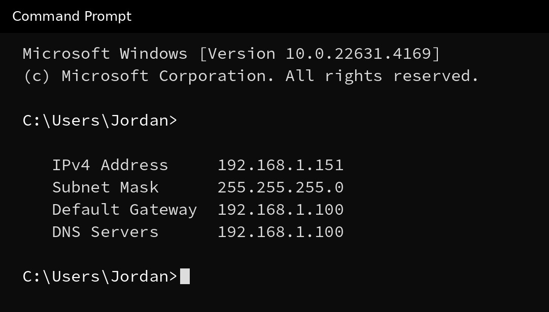 cmd after Command Prompt opens: this computer is 192.168.1.151, subnet mask 255.255.255.0, default gateway and DNS 192.168.1.100