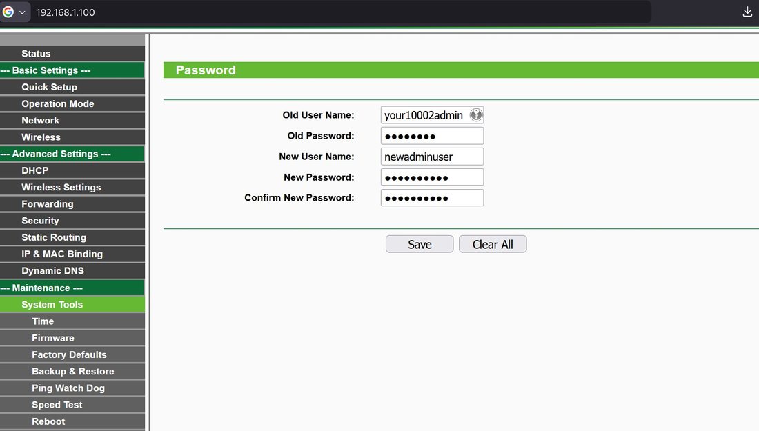 TP-Link admin password page at 192.168.1.100, with that address in the browser bar