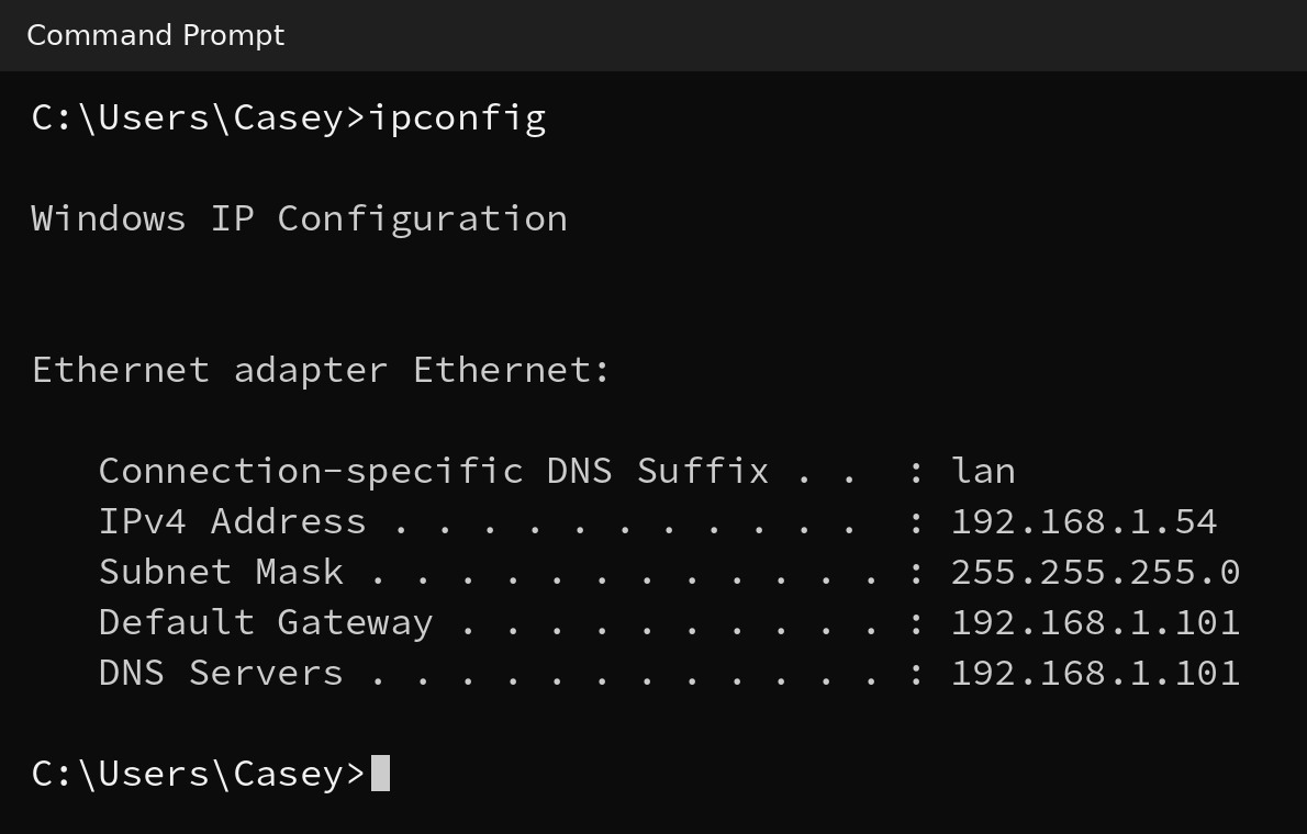 ipconfig in Command Prompt: this computer is 192.168.1.54, subnet mask 255.255.255.0, default gateway and DNS 192.168.1.101