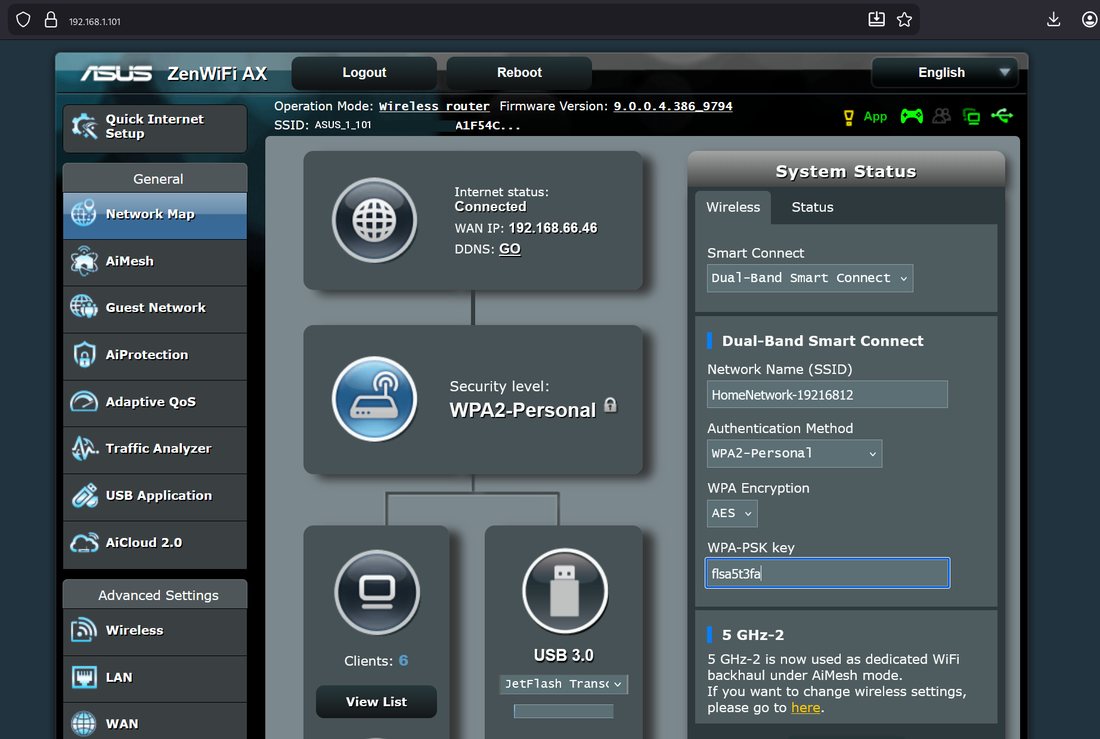 ASUS router status at 192.168.1.101, with that address in the browser bar and the Wi-Fi name. The WAN address stays a different network
