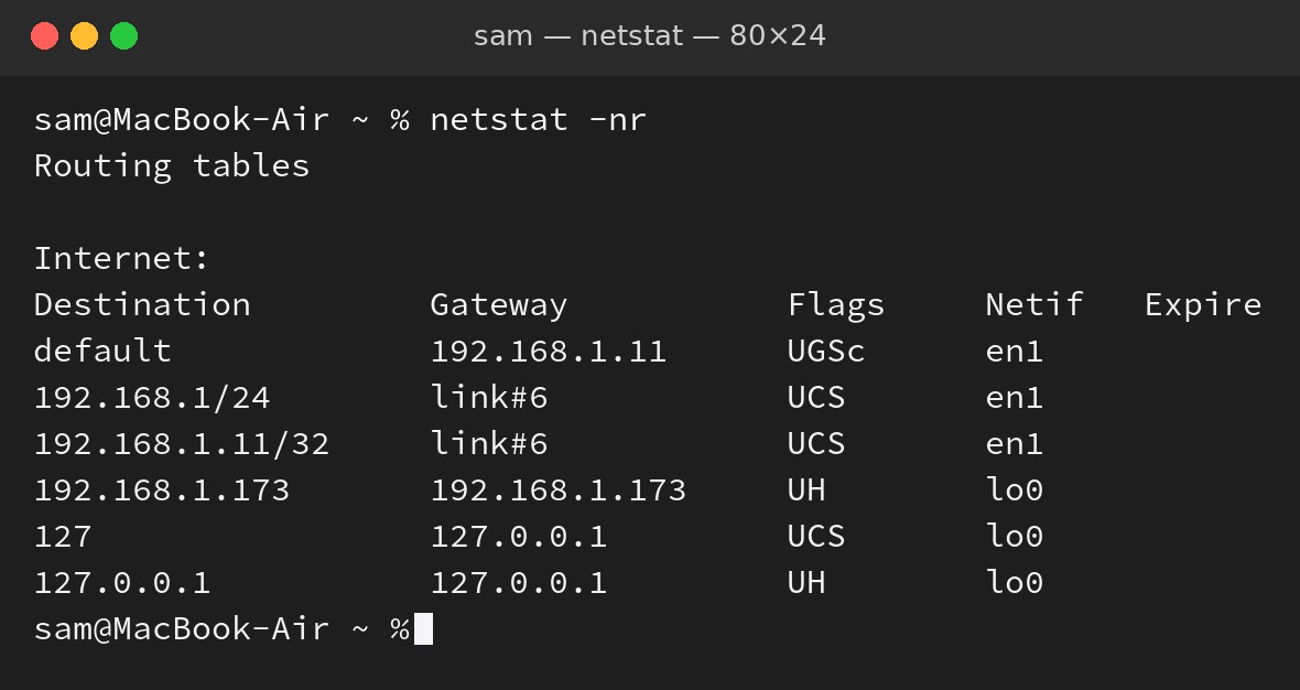 netstat -nr in Terminal on a Mac: this computer is 192.168.1.173, subnet mask 255.255.255.0, default gateway and DNS 192.168.1.11