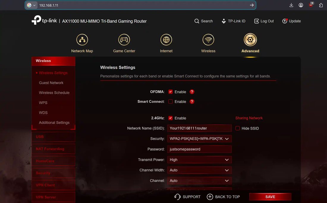 TP-Link wireless settings at 192.168.1.11, with that address in the browser bar and the Wi-Fi name