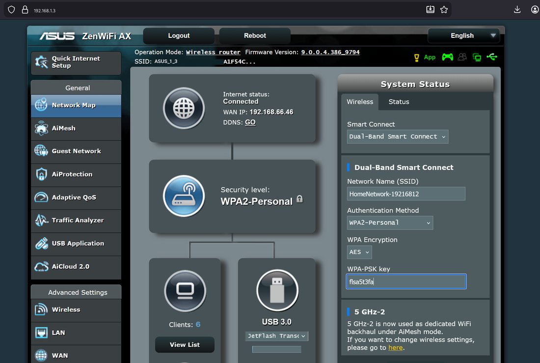 ASUS router status at 192.168.1.3, with that address in the browser bar and the Wi-Fi name. The WAN address stays a different network