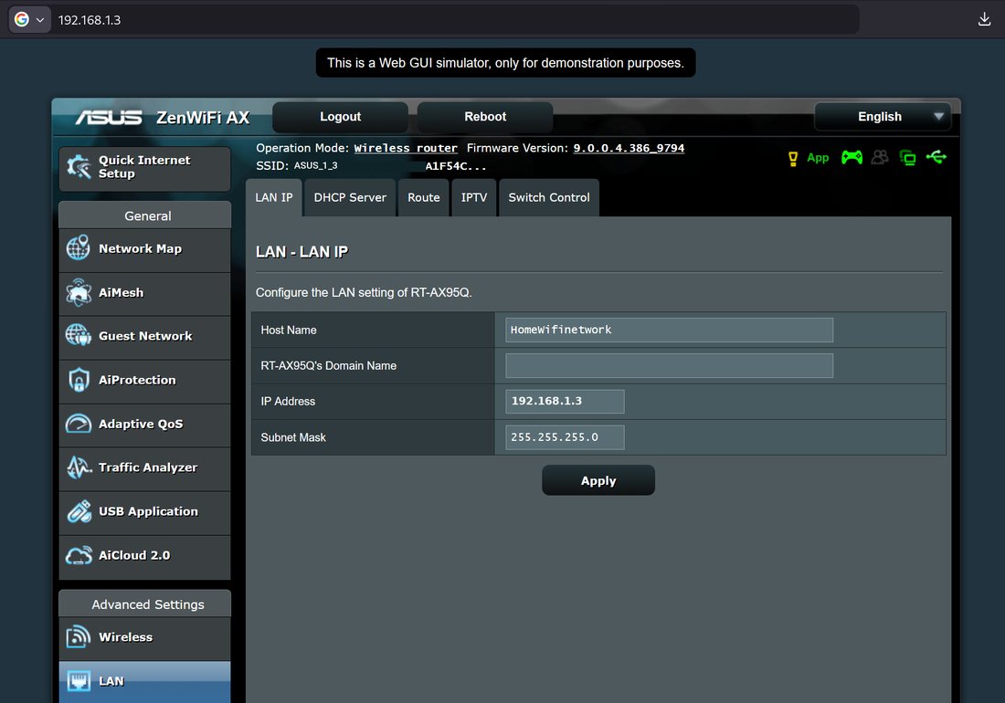 ASUS LAN settings at 192.168.1.3, with that address in the browser bar, the LAN IP field, and the Wi-Fi name